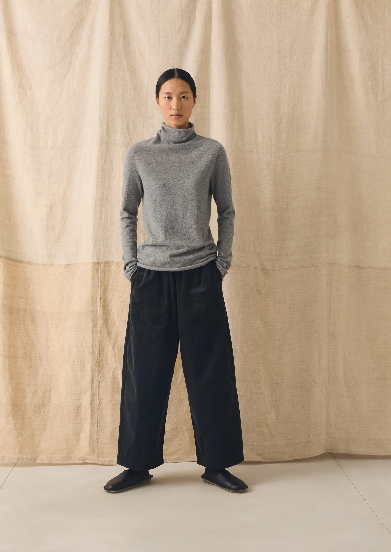Pure Cashmere Slim High Neck Sweater | Grey Melange - Image 2