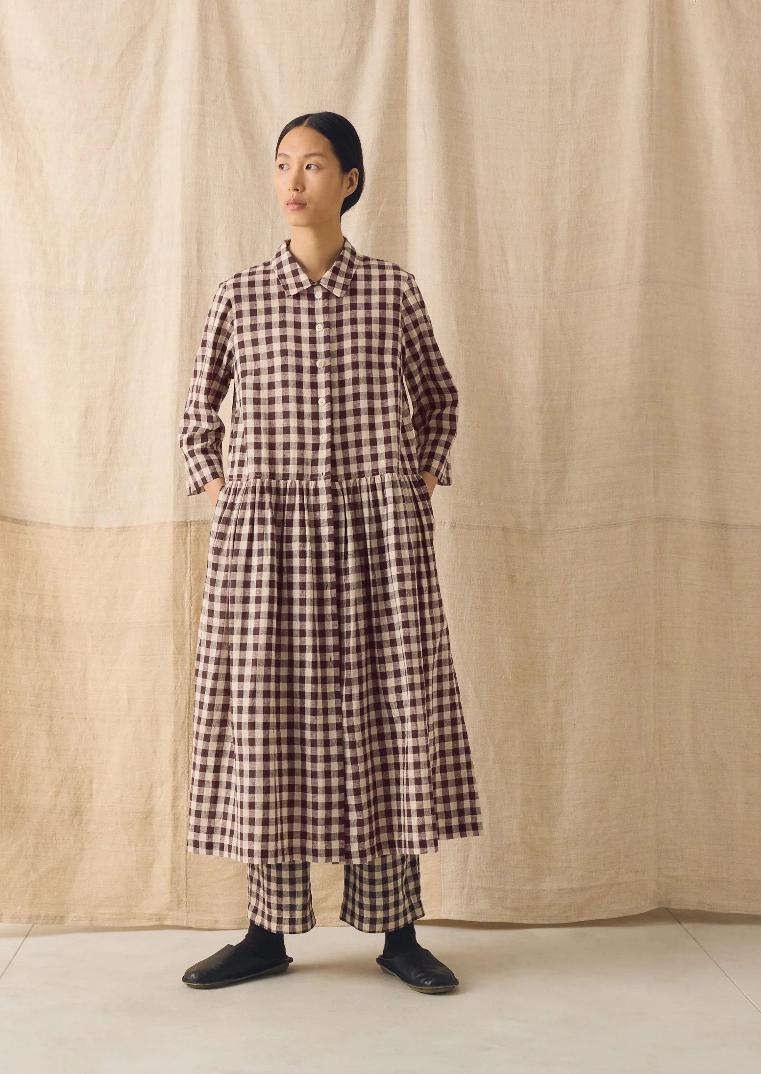 Check Linen Cotton Shirt Dress | Dark Chocolate/Ecru - Image 2