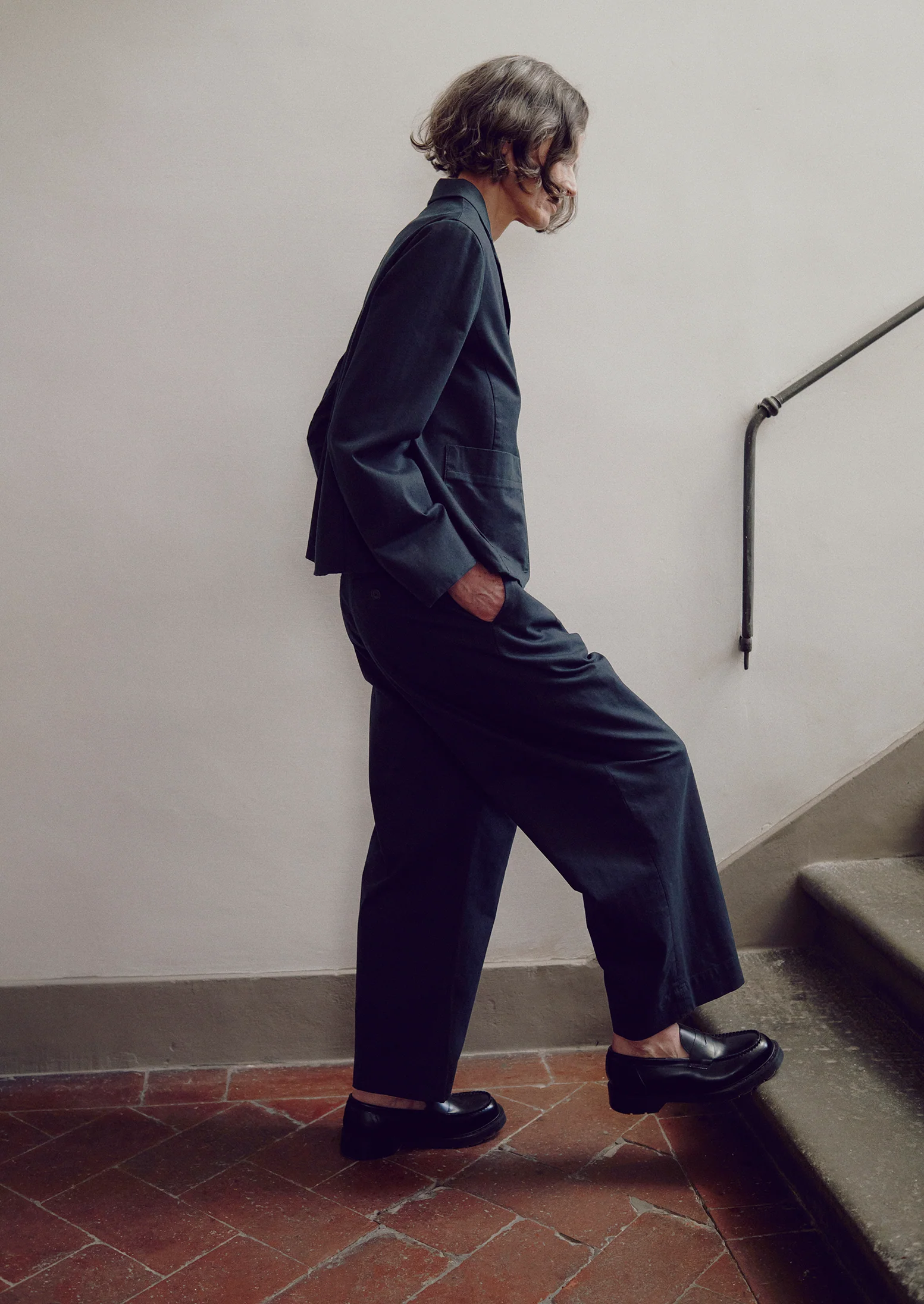 Cotton Wool Herringbone Pleat Front Trousers | Black - Image 2