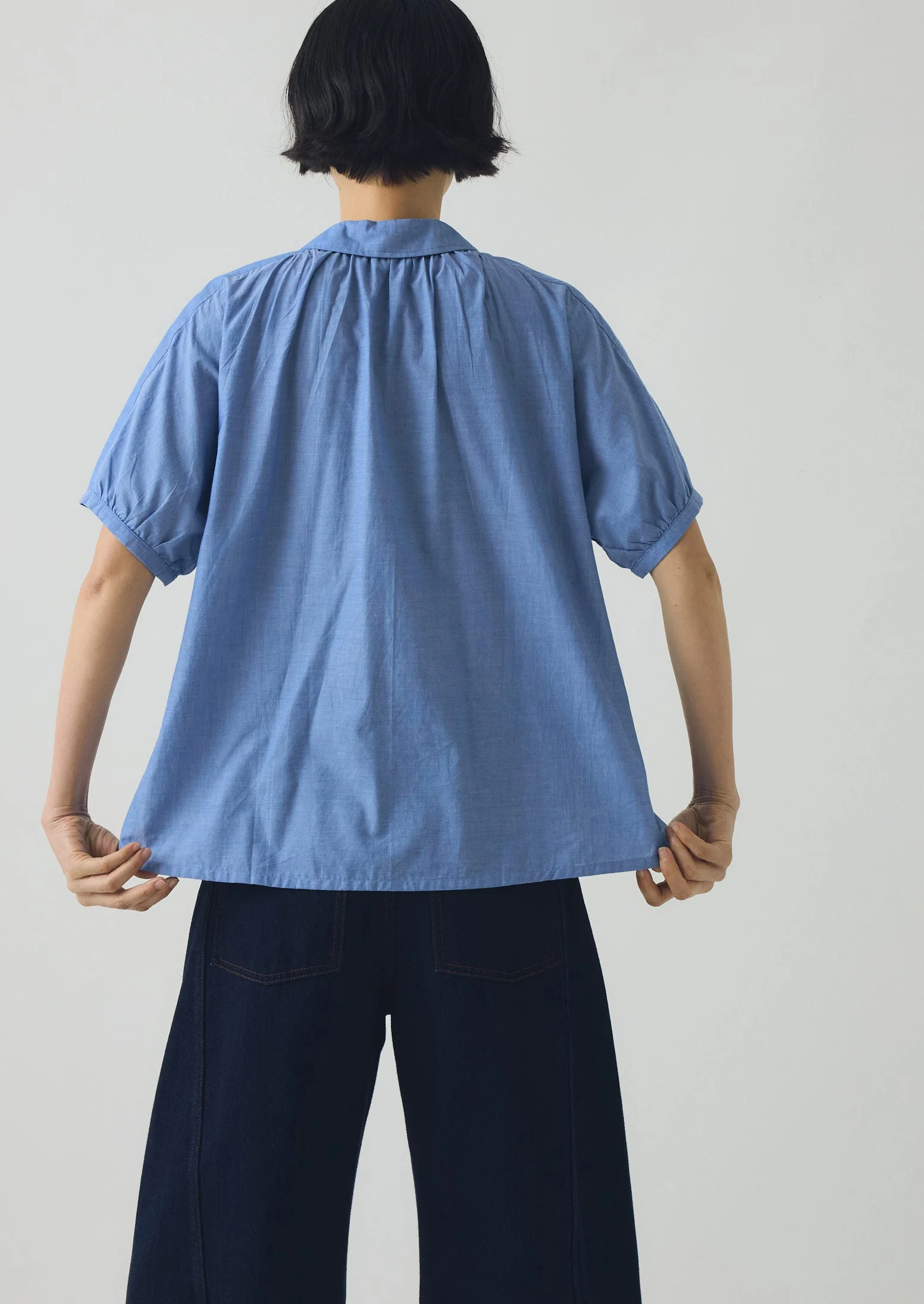 Gathered Cotton Chambray Shirt | Light Blue - Image 3
