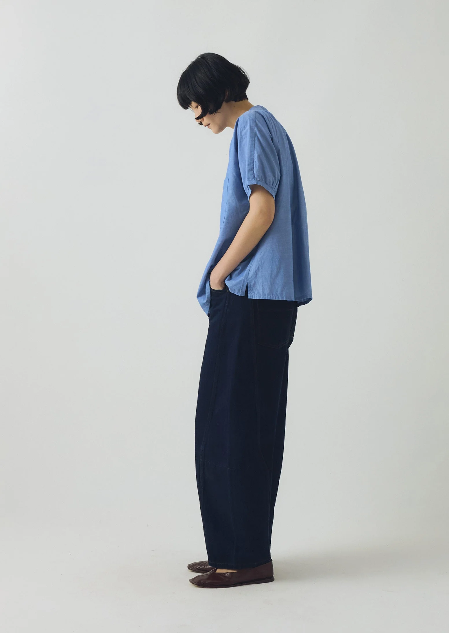 Gathered Cotton Chambray Shirt | Light Blue - Image 4
