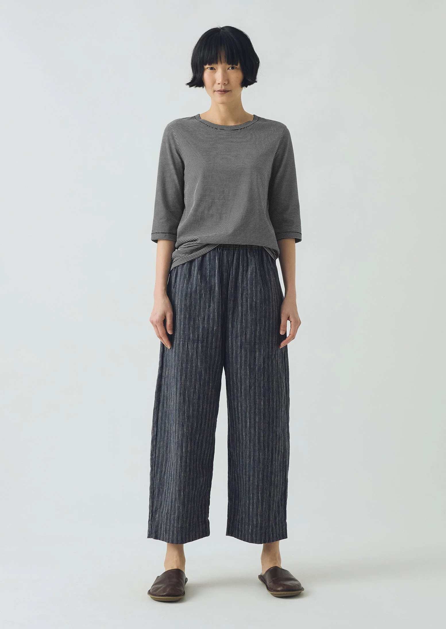 Half Sleeve Stripe Cotton Tee | Dark Navy/Ecru - Image 2