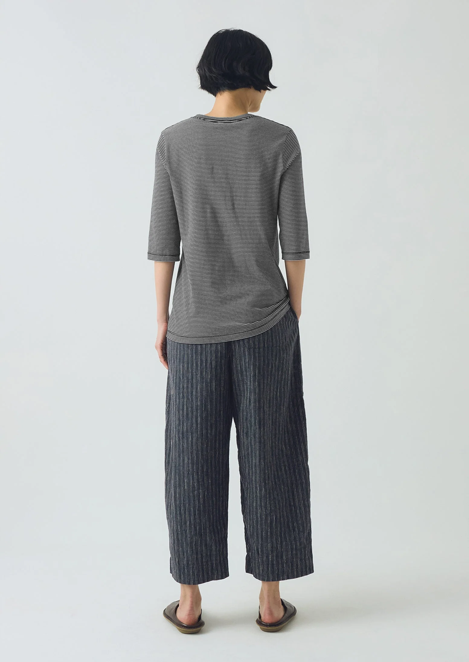 Half Sleeve Stripe Cotton Tee | Dark Navy/Ecru - Image 3