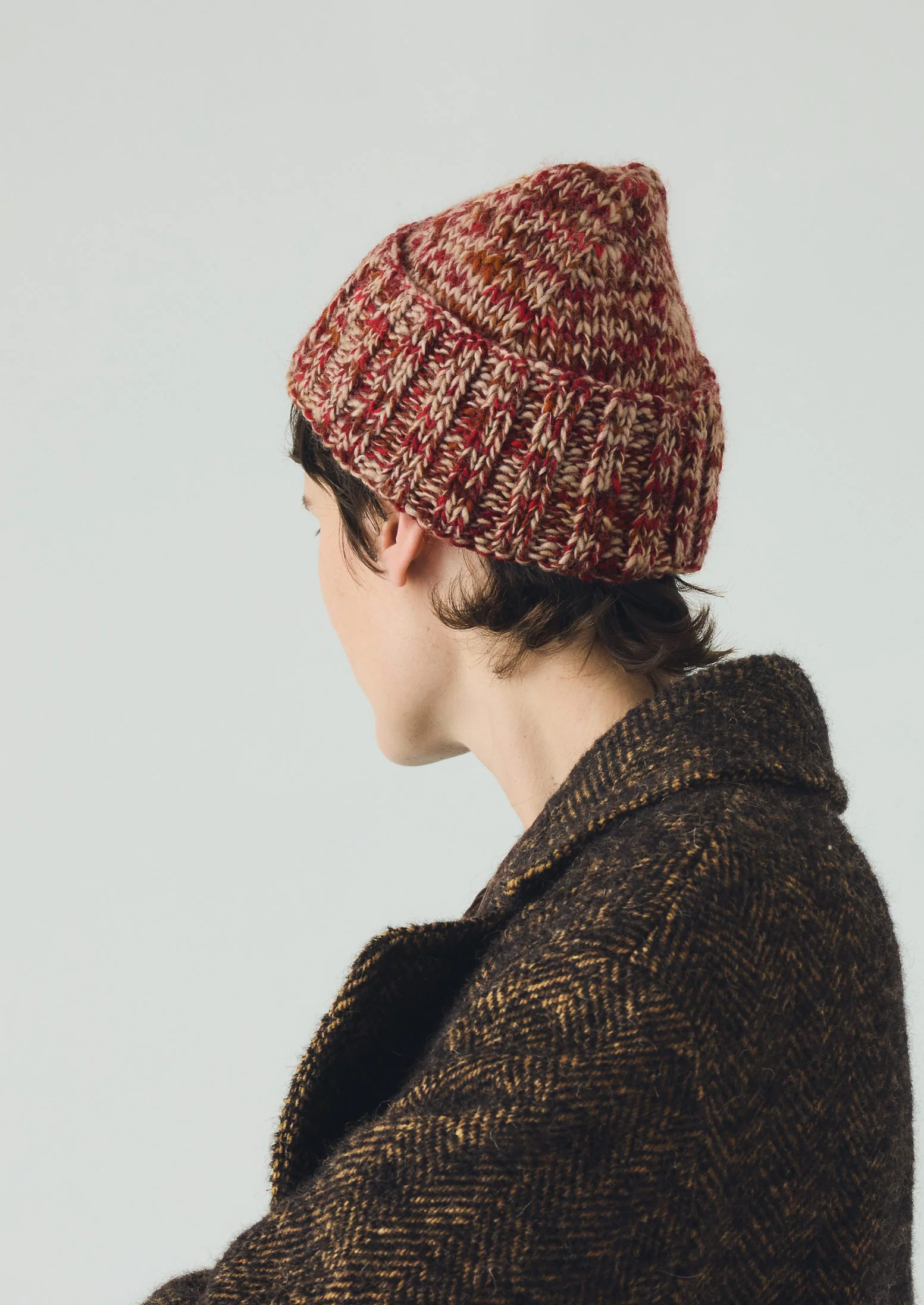 Hand Knitted Marl Beanie | Claret Red/Stone - Image 3