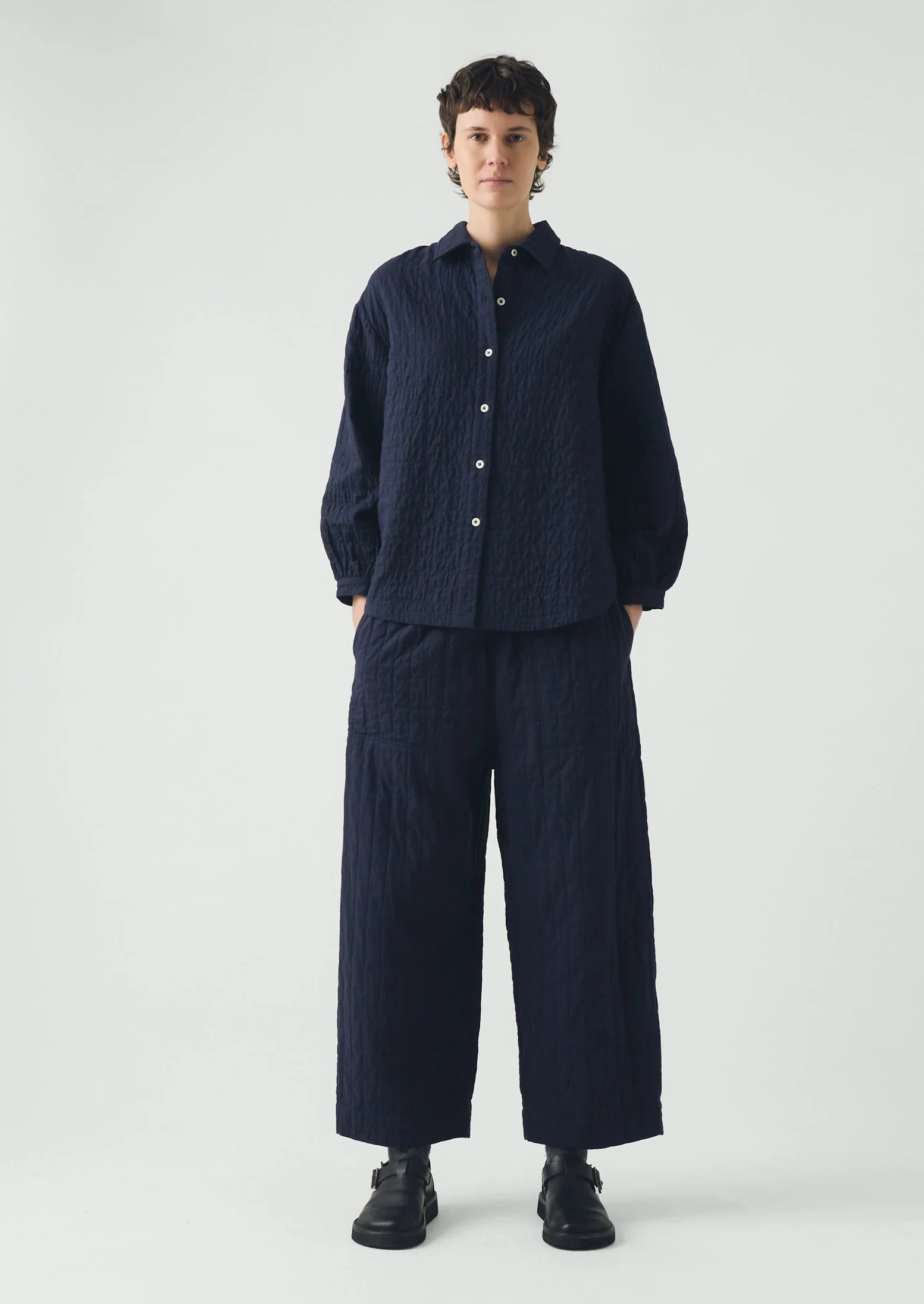 Quilted Cotton Barrel Leg Trousers | Indigo Blue - Image 2