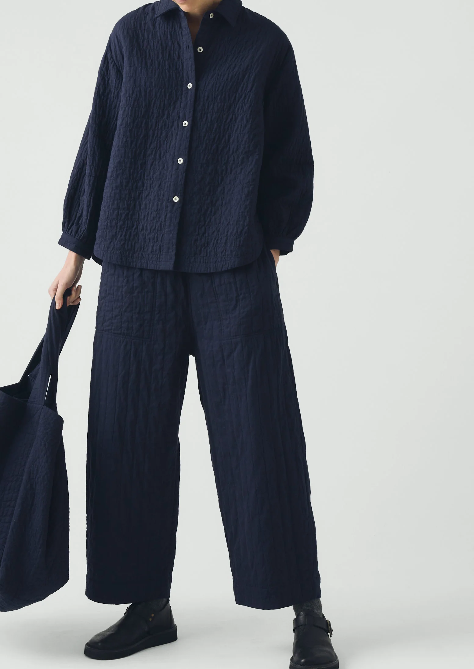 Quilted Cotton Barrel Leg Trousers | Indigo Blue - Image 4