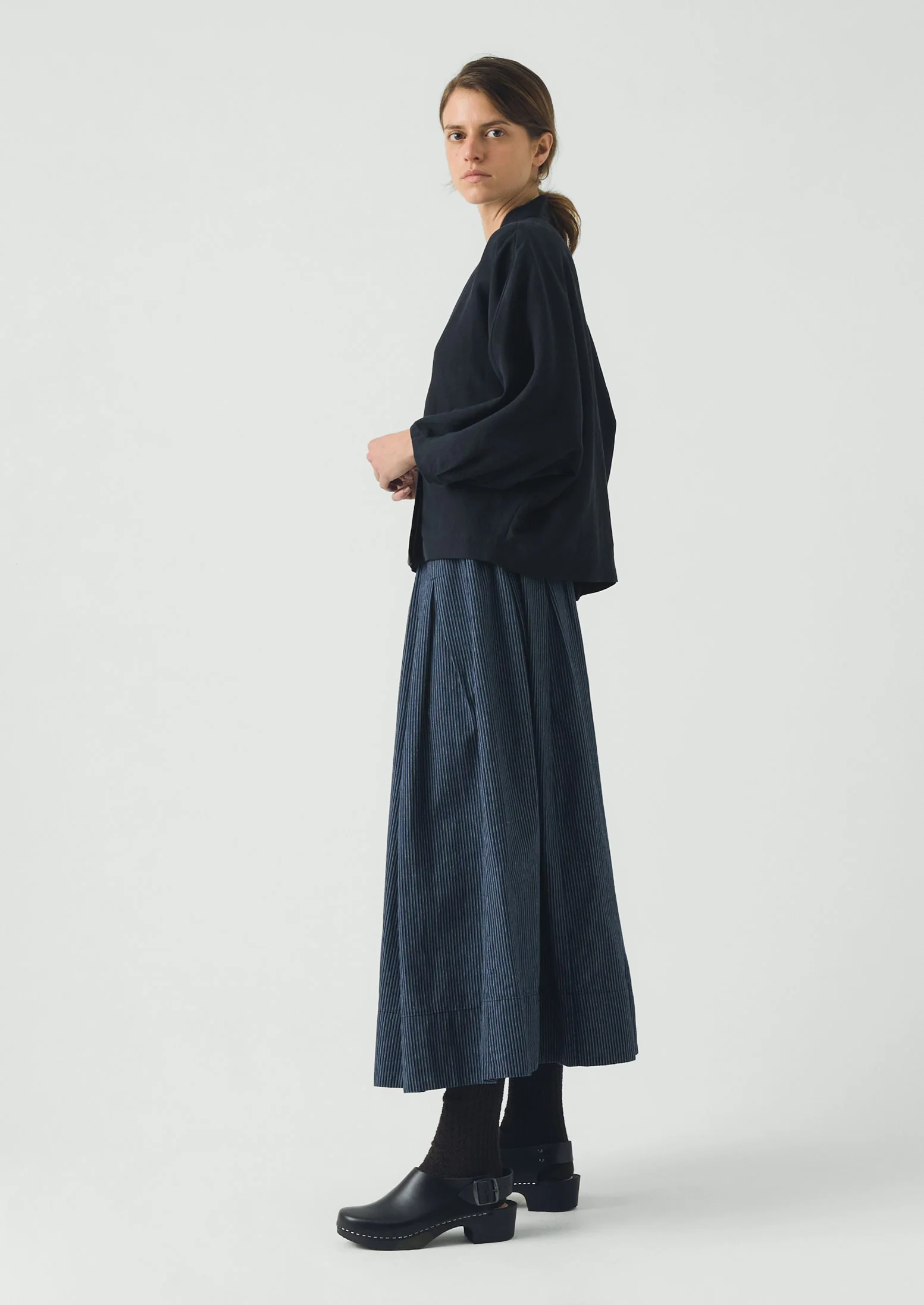 Railroad Stripe Pleated Cotton Skirt | Denim Blue - Image 2
