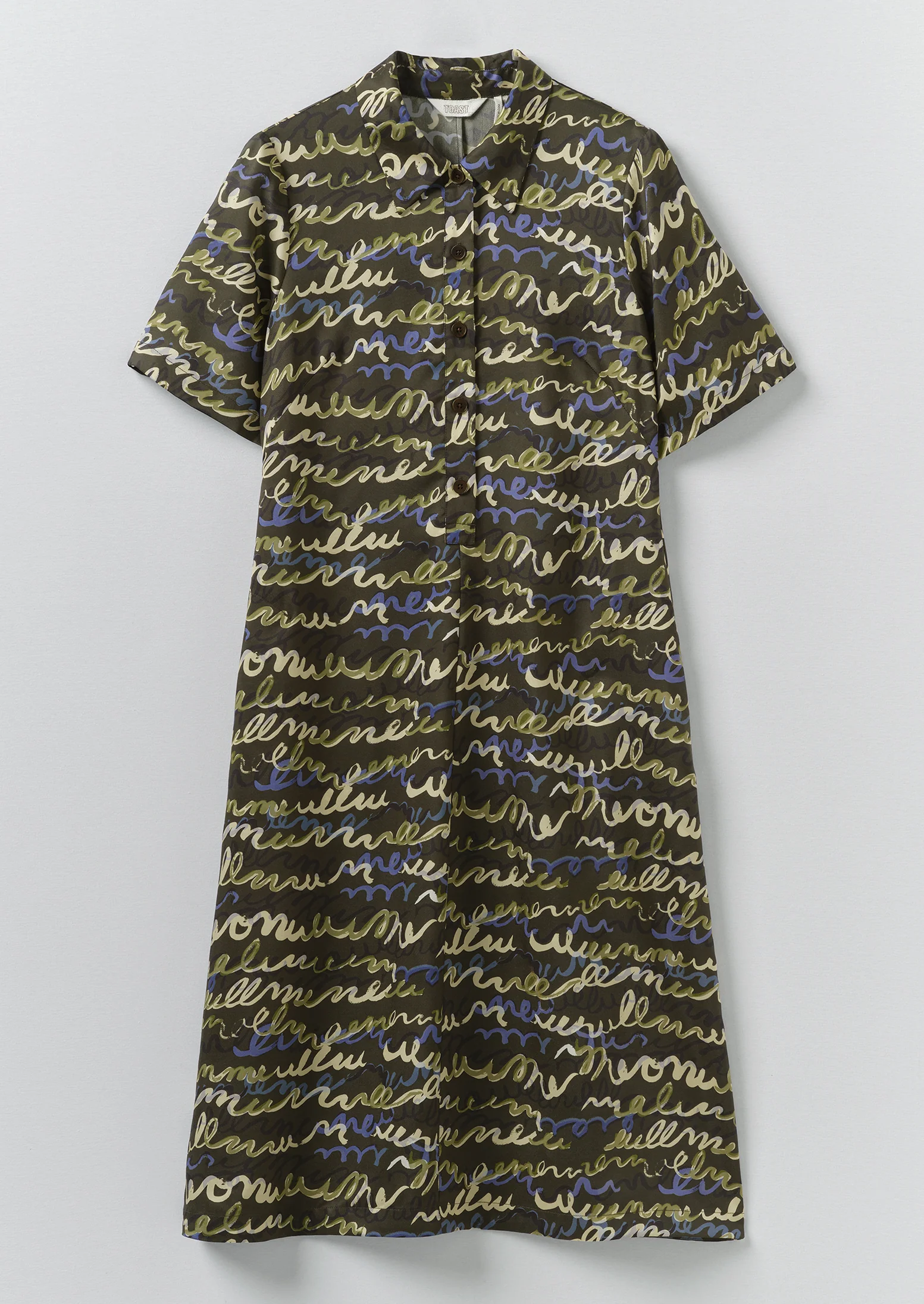 Script Print Fluid Shirt Dress | Avocado Rind