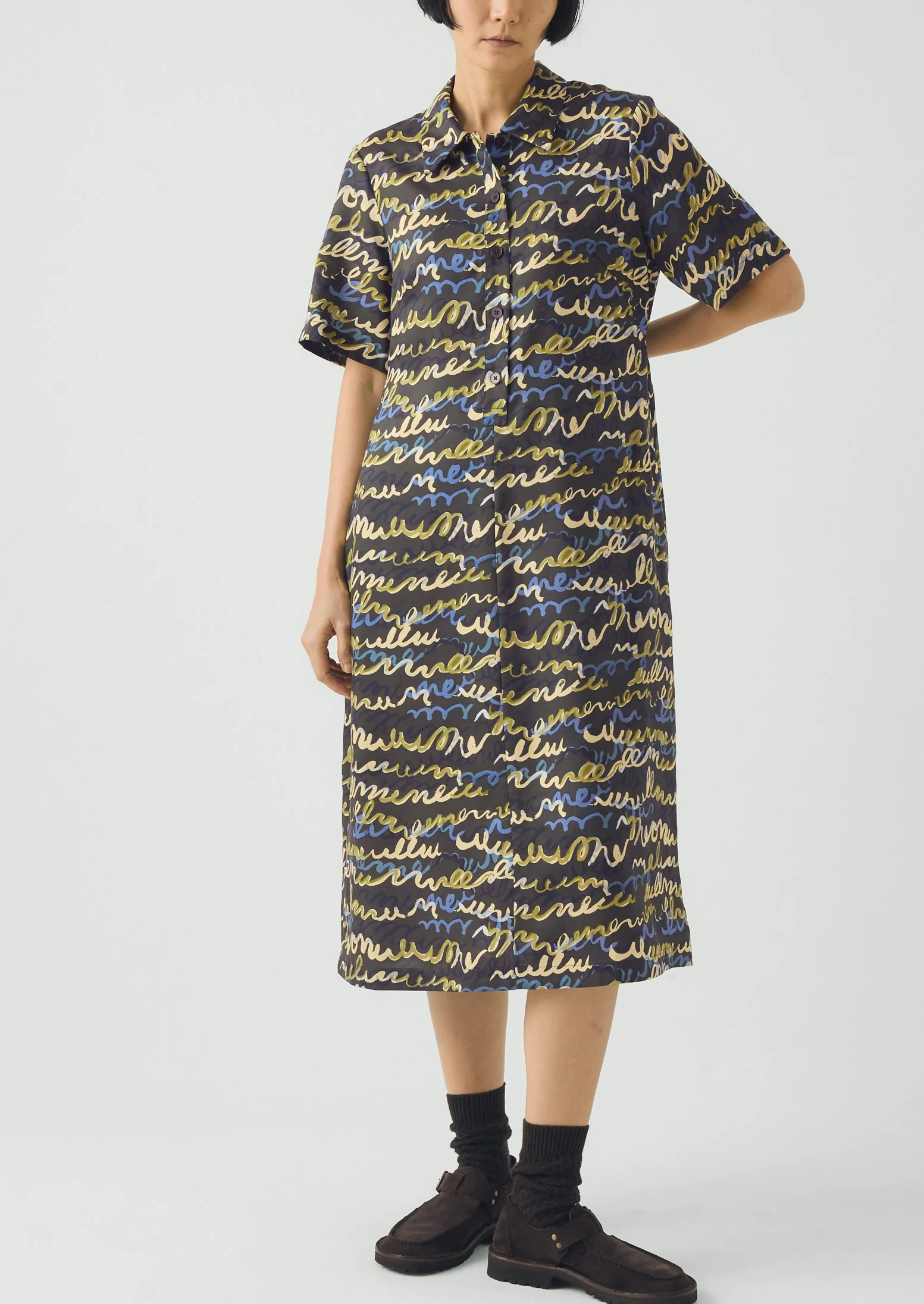 Script Print Fluid Shirt Dress | Avocado Rind - Image 2