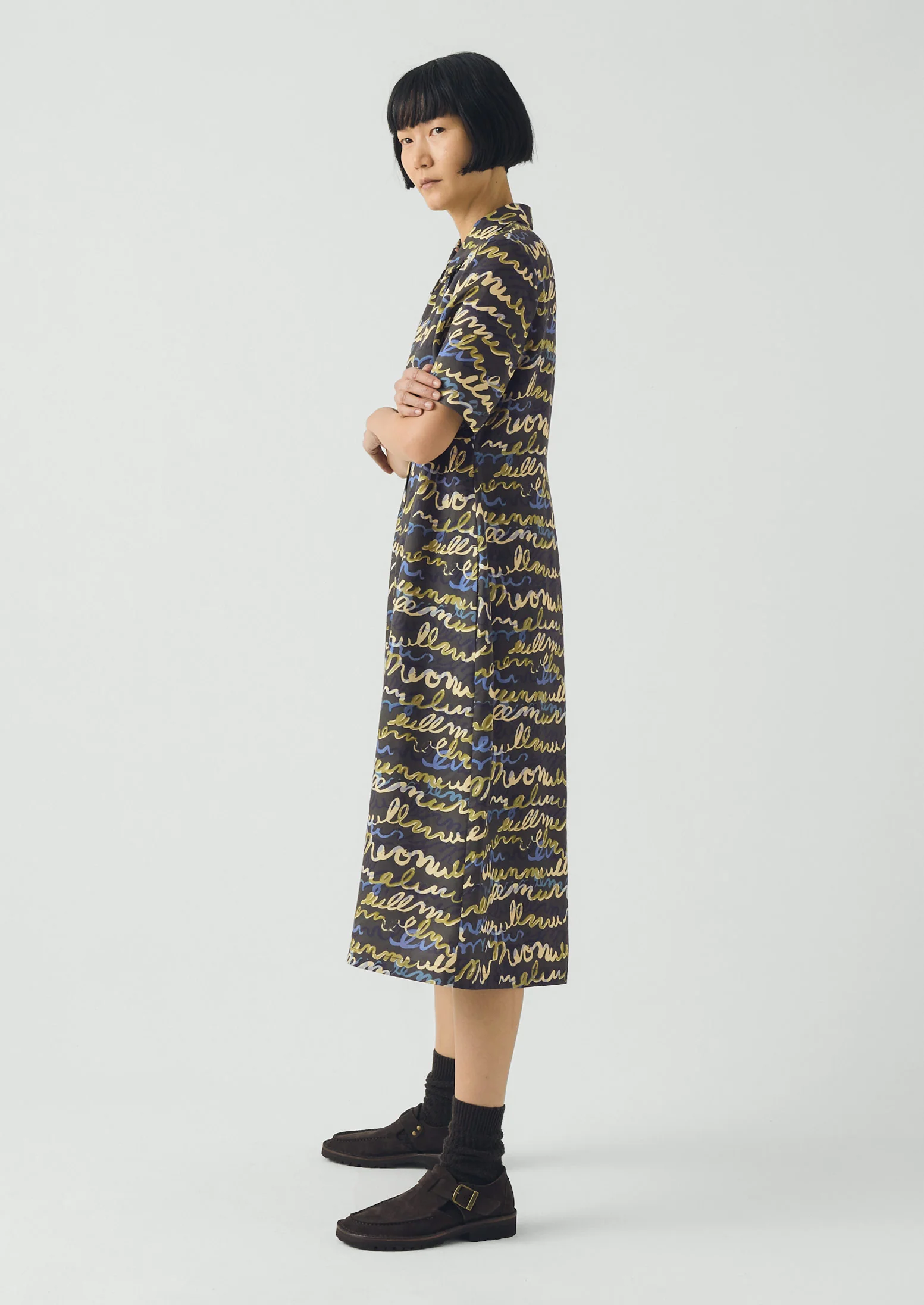 Script Print Fluid Shirt Dress | Avocado Rind - Image 3