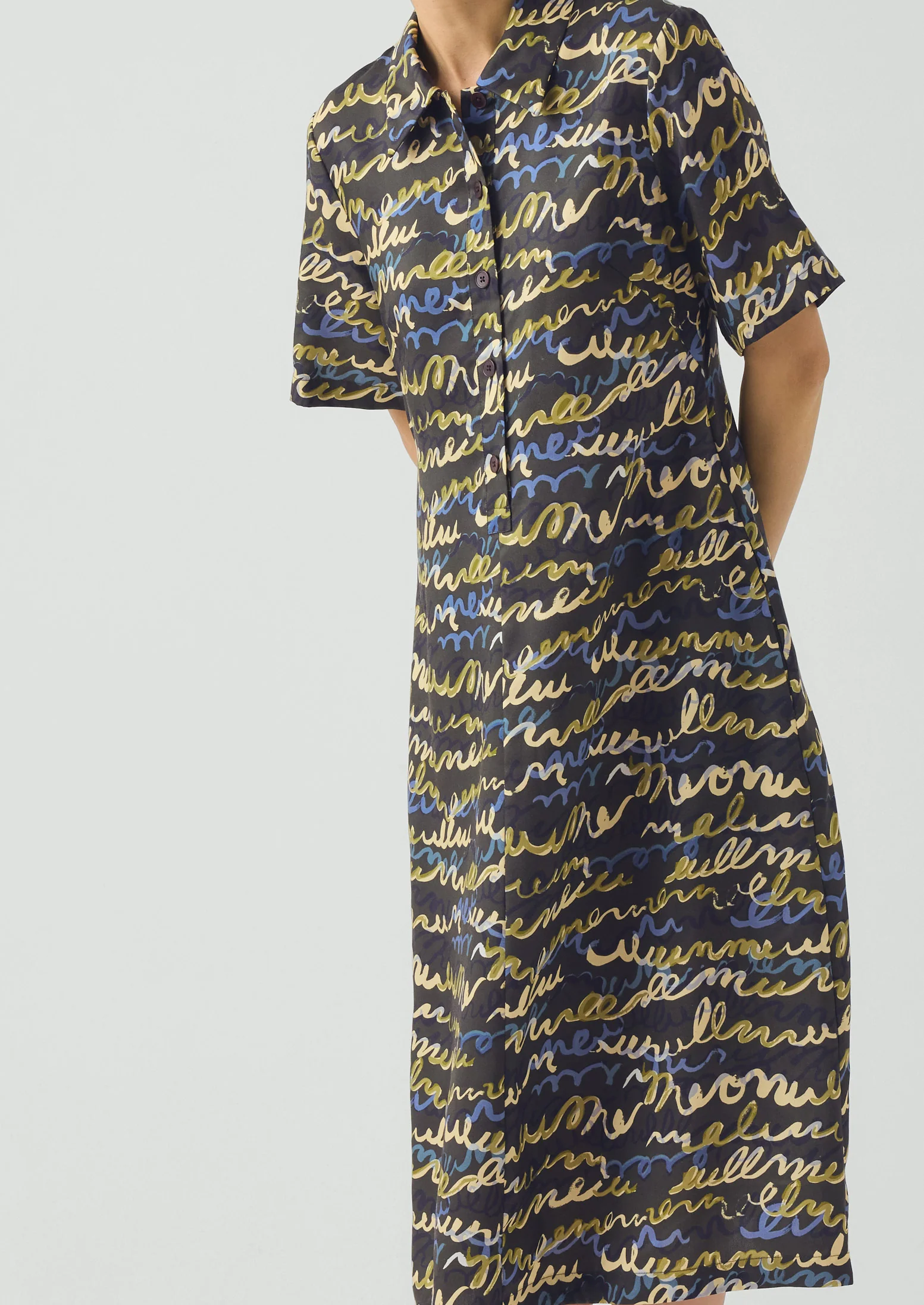 Script Print Fluid Shirt Dress | Avocado Rind - Image 4