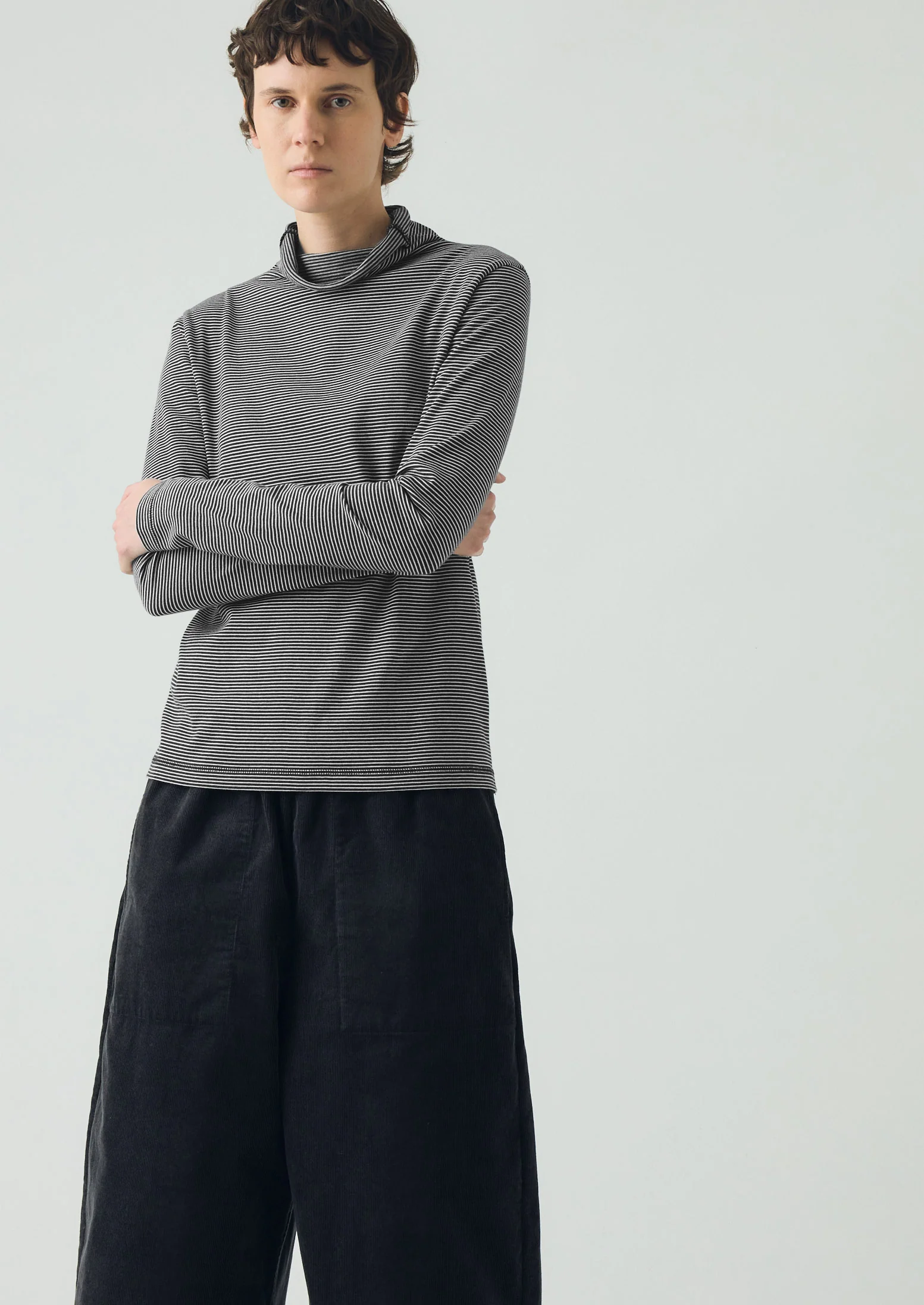 Stripe Cotton High Neck Tee | Dark Navy/Ecru - Image 2