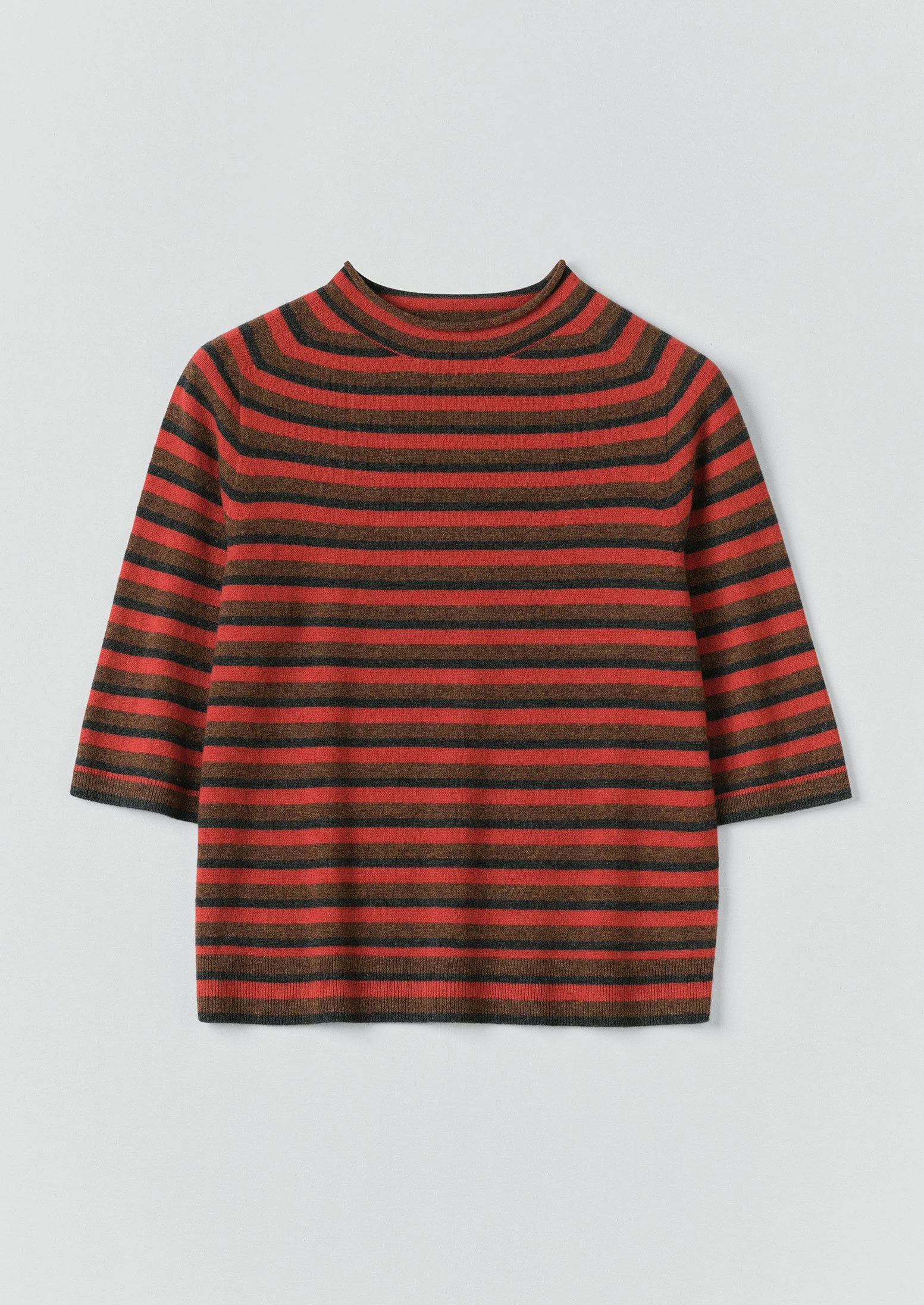 Stripe Wool Cashmere Half Sleeve Sweater | Red Multi