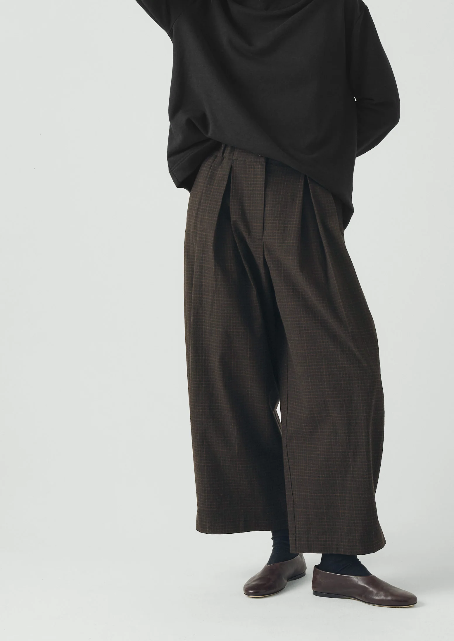 Check Cotton Wool Wide Leg Trousers | Slate - Image 2