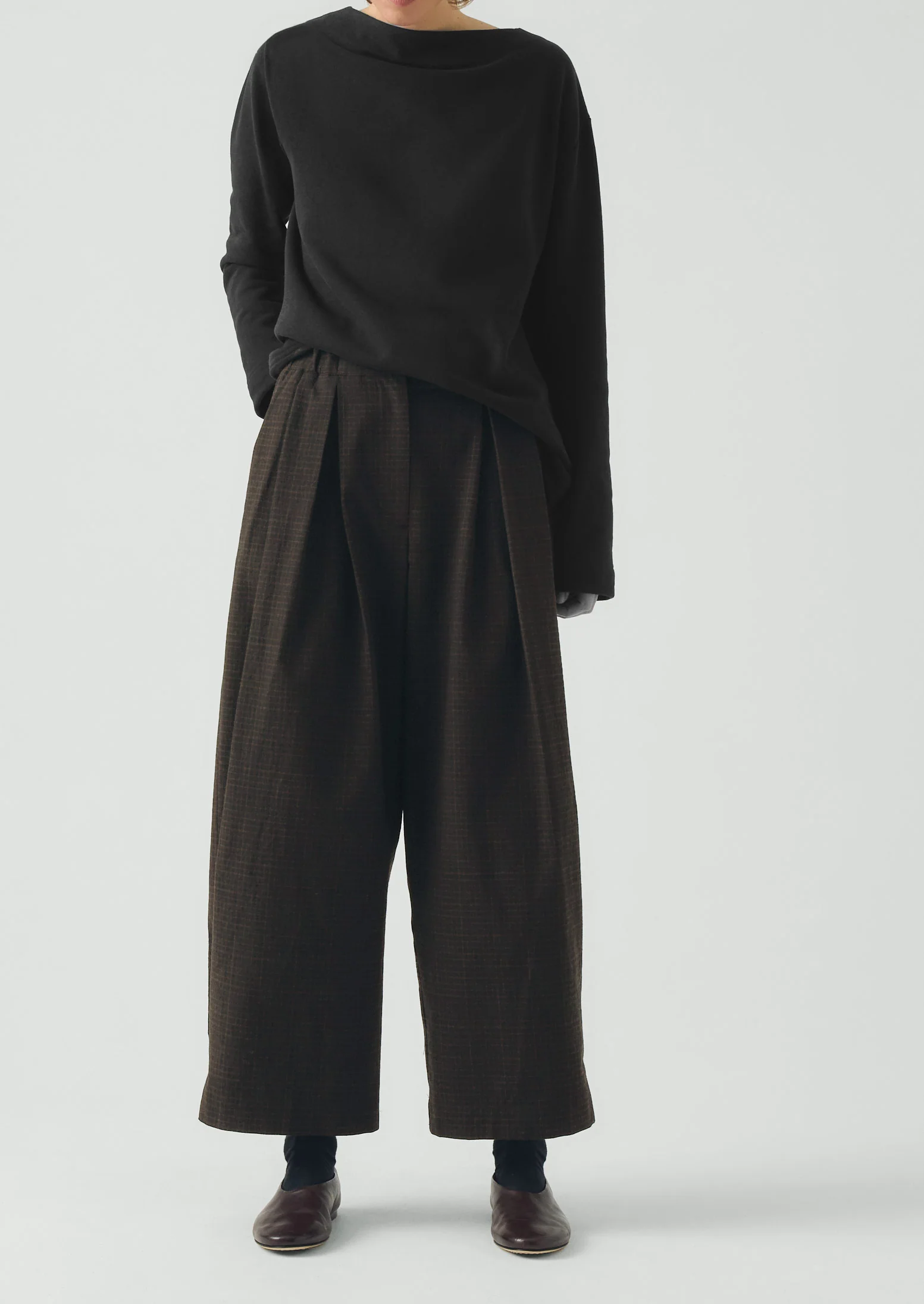 Check Cotton Wool Wide Leg Trousers | Slate - Image 4