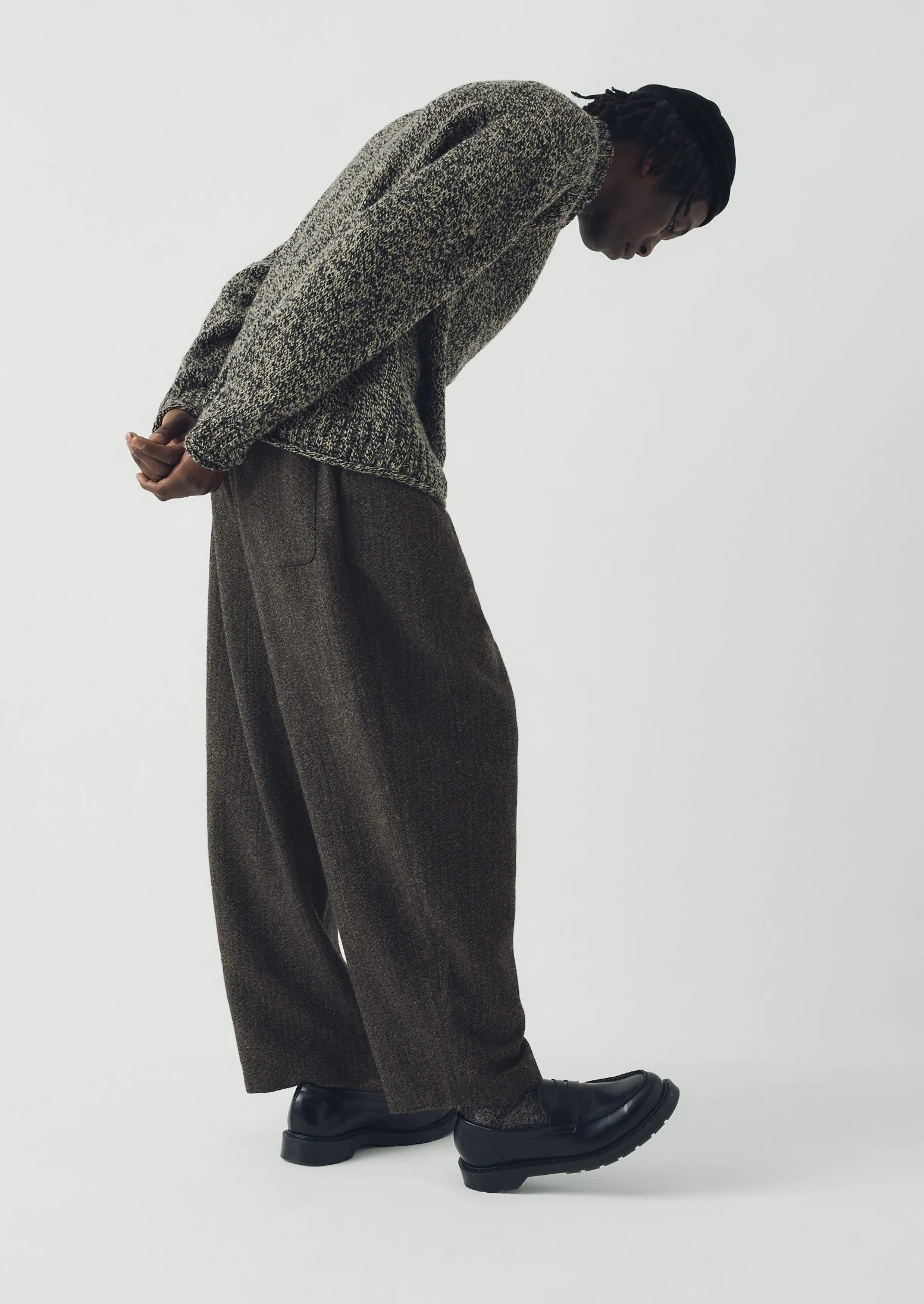 Wool Broken Herringbone Pleat Trousers | Charcoal Mouline - Image 2